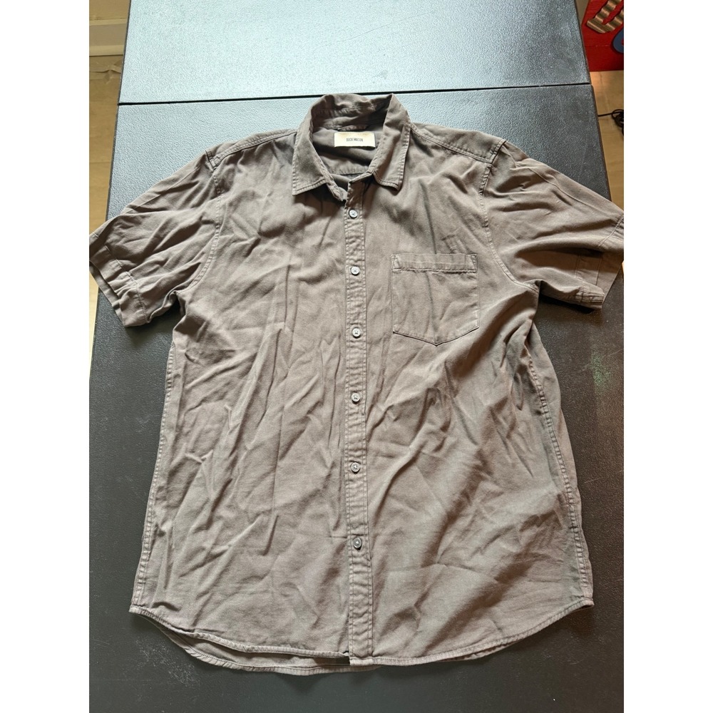 Buck Mason Mens Large Draped Twill SS Button Down Shirt Cotton Rayon Grey